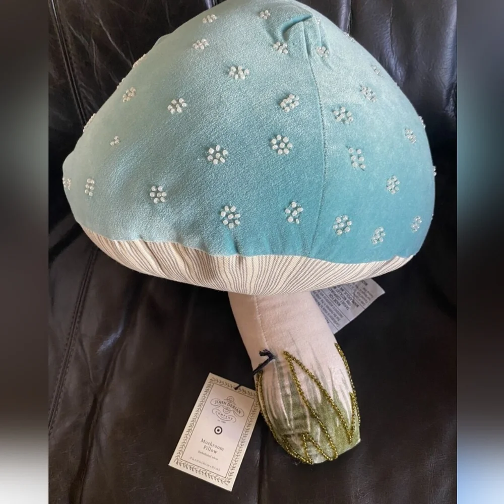 New with tags! John Derian Embroidered Beaded Decorative Blue Mushroom Pillow